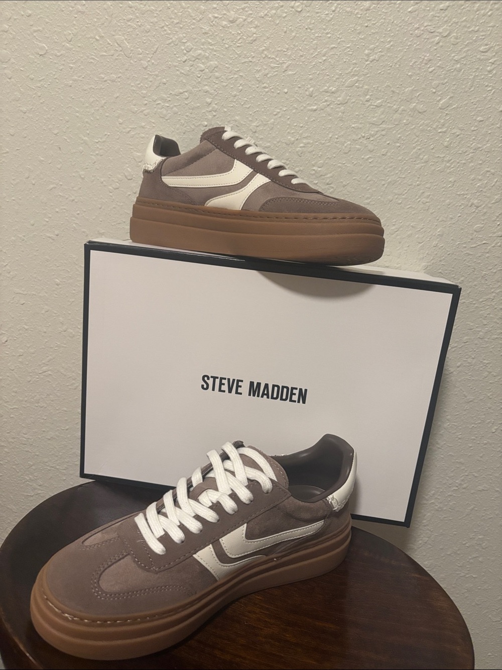 Steve Madden Taupe Suede Sneakers with White Leather Accents